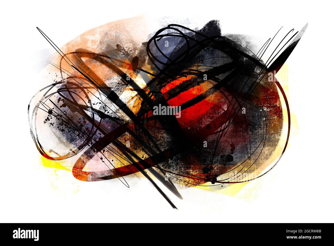Abstract digital painting on paper texture with hand drawn brush strokes in Kandinsky or Hartung style, modern, contemporary art for decoration, postc Stock Photo