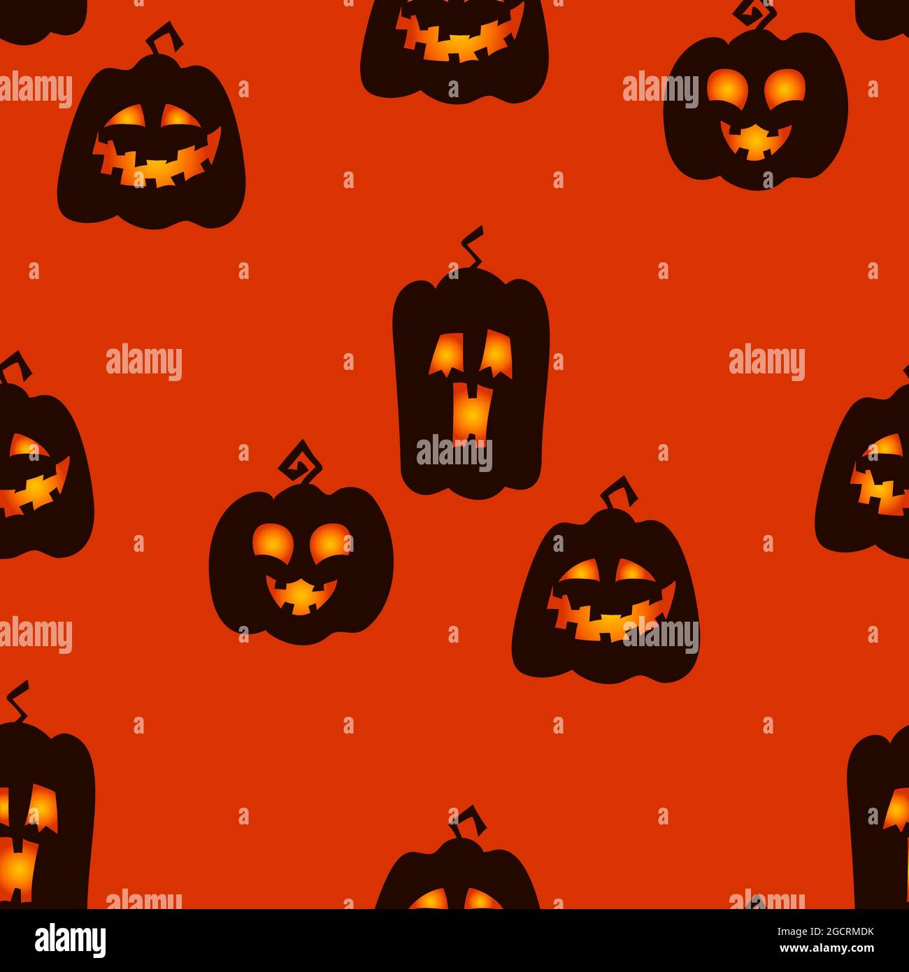 Scary pumpkin faces seamless pattern. Glowing Lantern Jack holiday print design. Stock Vector