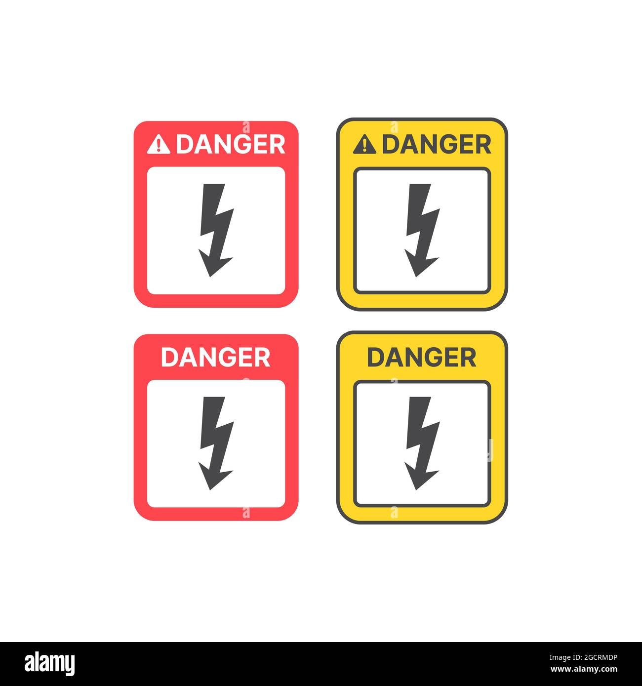 Danger high voltage warning sign. Yellow and red caution sign with lightning bolt. Stock Vector