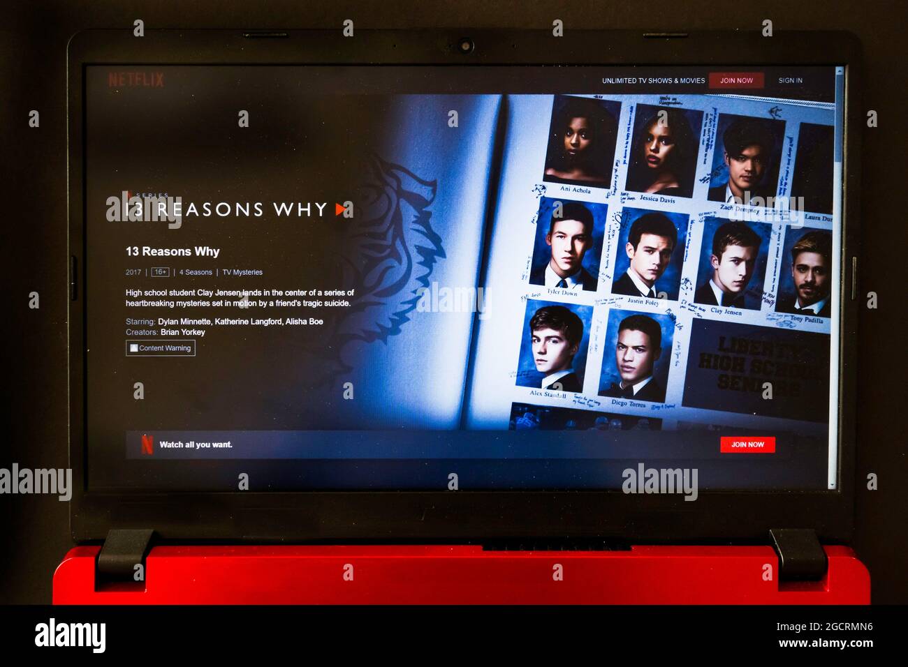 laptop screen with Netflix tv series 13 reasons why Stock Photo