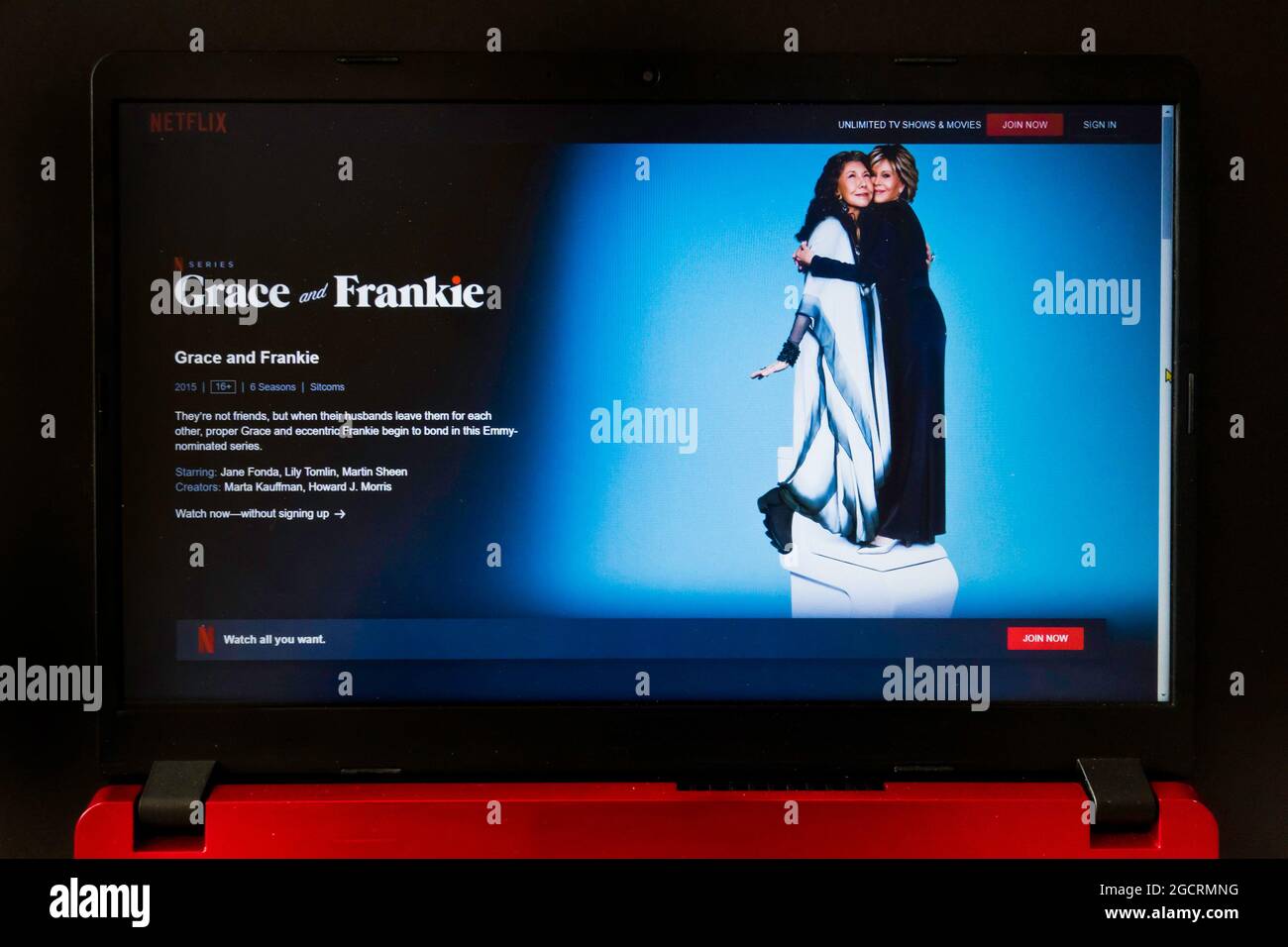 laptop screen with Netflix tv series Grace and Frankie Stock Photo