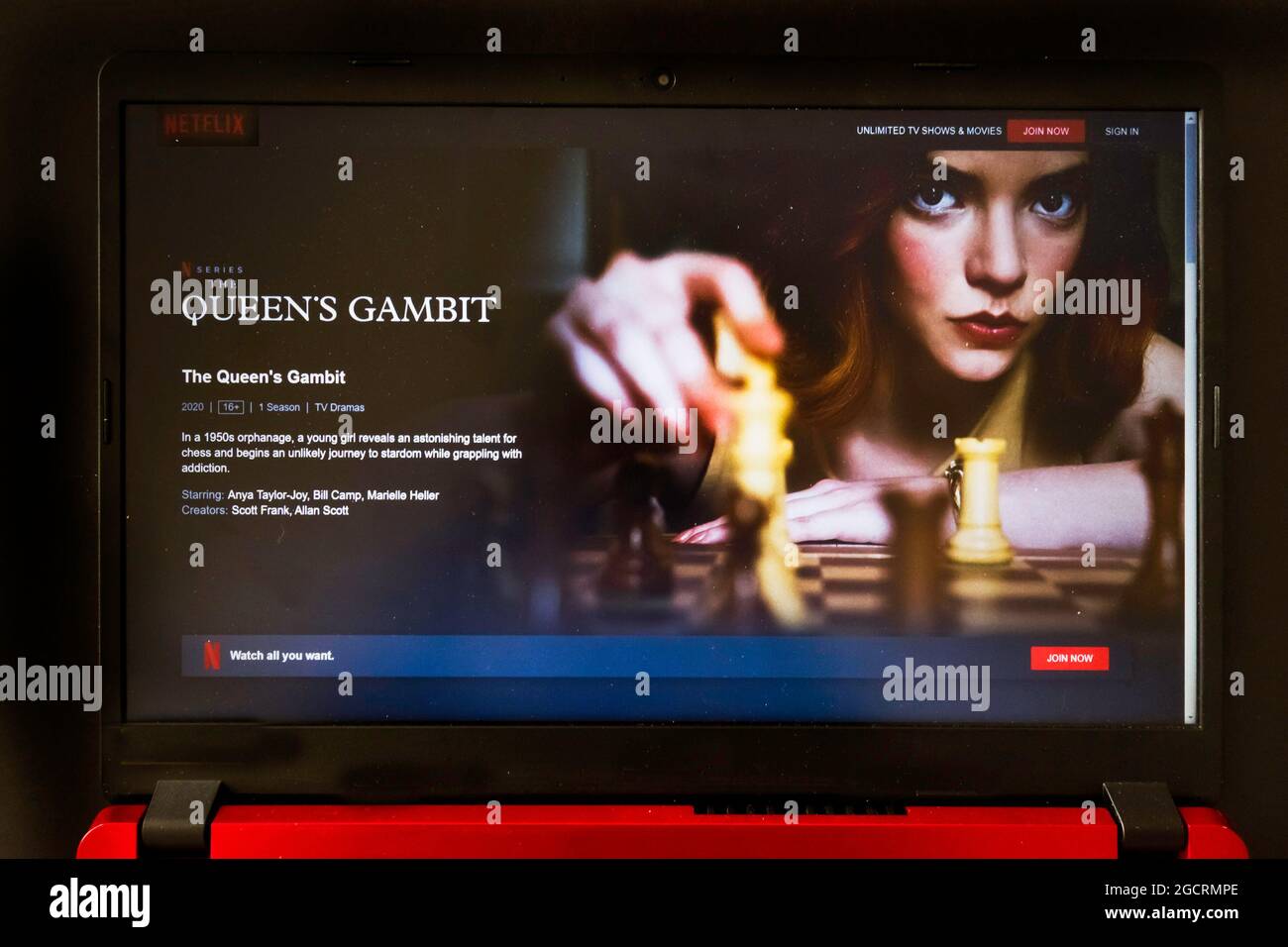 laptop screen with Netflix tv series Queen's gambit Stock Photo