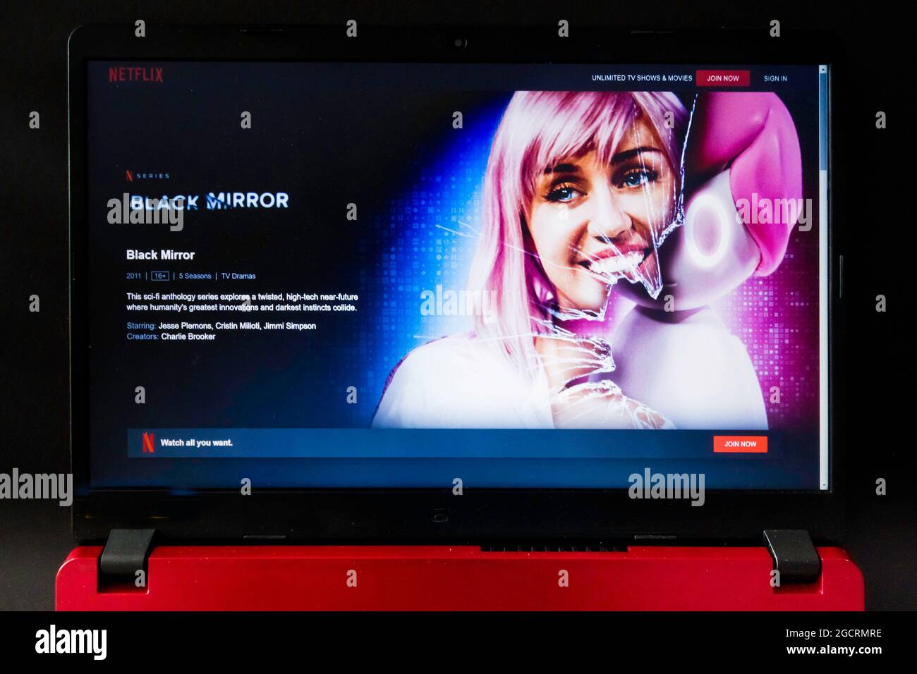 laptop screen with Netflix tv series Black mirror Stock Photo