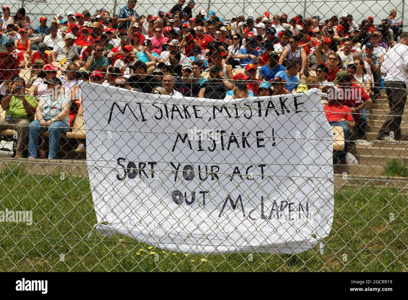 Banner criticising mistakes by McLaren. Spanish Grand Prix, Sunday 13th May 2012. Barcelona, Spain. Stock Photo
