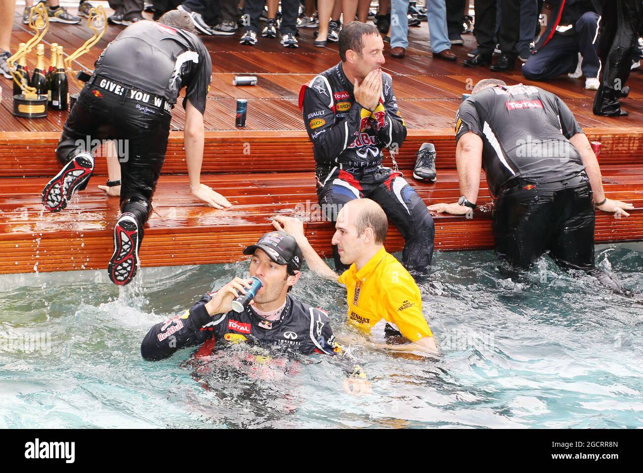 Race winner Mark Webber (AUS) Red Bull Racing celebrates with the team on the Red Bull Energy Station. Monaco Grand Prix, Sunday 27th May 2012. Monte Carlo, Monaco. Stock Photo