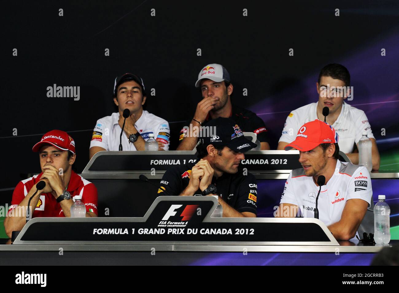 The FIA Press Conference (from back row (L to R)): Sergio Perez (MEX) Sauber; Jean-Eric Vergne (FRA) Scuderia Toro Rosso; Paul di Resta (GBR) Sahara Force India F1; Felipe Massa (BRA) Ferrari; Mark Webber (AUS) Red Bull Racing; Jenson Button (GBR) McLaren. Canadian Grand Prix, Thursday 7th June 2012. Montreal, Canada. Stock Photo