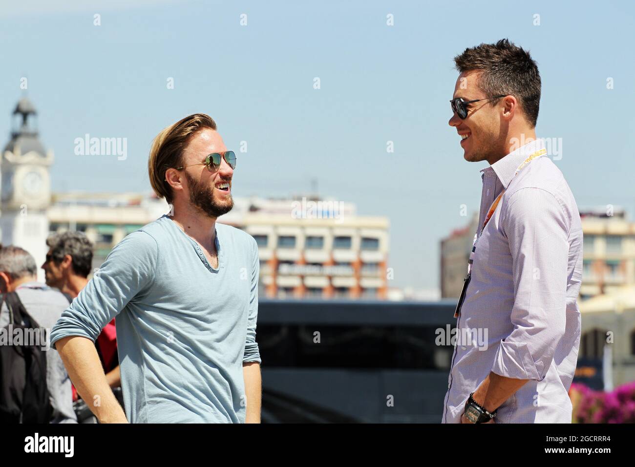 (L to R): Nick Heidfeld (GER) with Andre Lotterer (GER). European Grand Prix, Sunday 24th June 2012. Valencia, Spain. Stock Photo