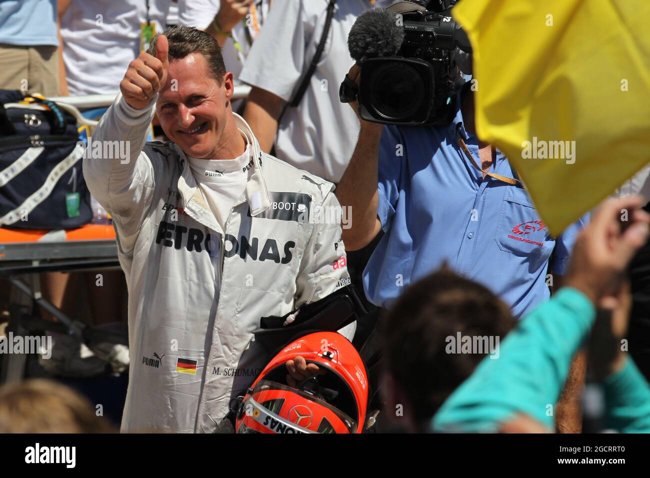 Michael Schumacher (GER) Mercedes AMG F1 celebrates his third position in parc ferme. European Grand Prix, Sunday 24th June 2012. Valencia, Spain. Stock Photo