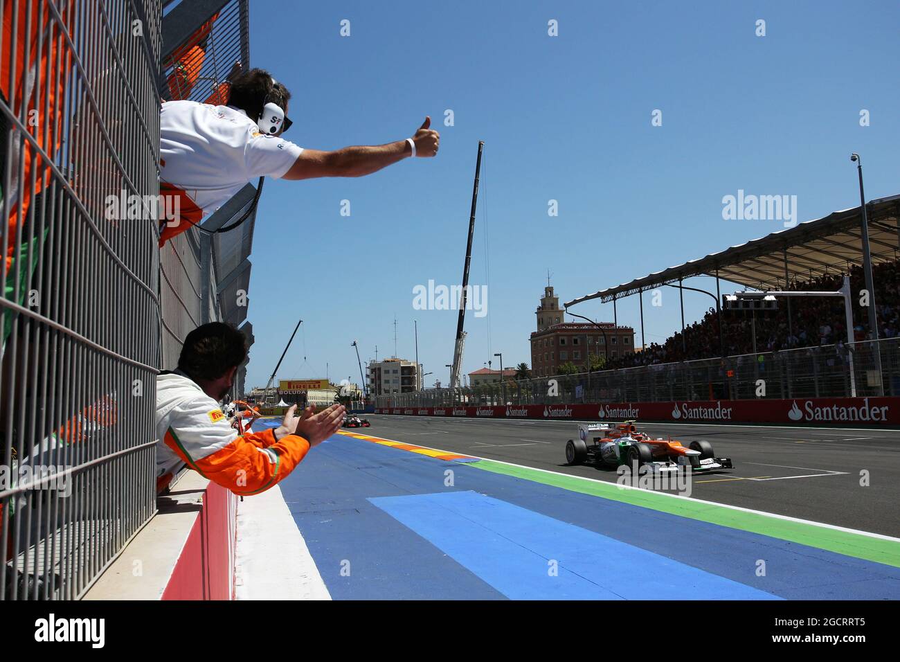 Nico Hulkenberg (GER) Sahara Force India F1 VJM05 and his team celebrate at the end of the race. European Grand Prix, Sunday 24th June 2012. Valencia, Spain. Stock Photo