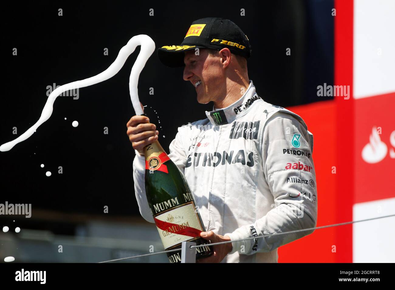 Michael Schumacher (GER) Mercedes AMG F1 celebrates his third position on the podium. European Grand Prix, Sunday 24th June 2012. Valencia, Spain. Stock Photo