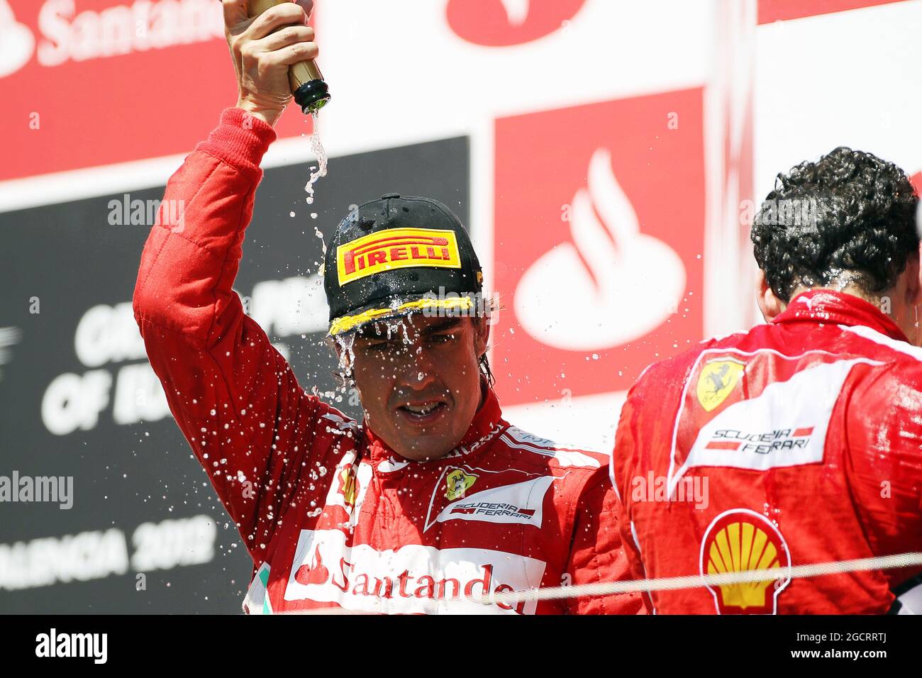 Race winner Fernando Alonso (ESP) Ferrari celebrates on the podium. European Grand Prix, Sunday 24th June 2012. Valencia, Spain. Stock Photo
