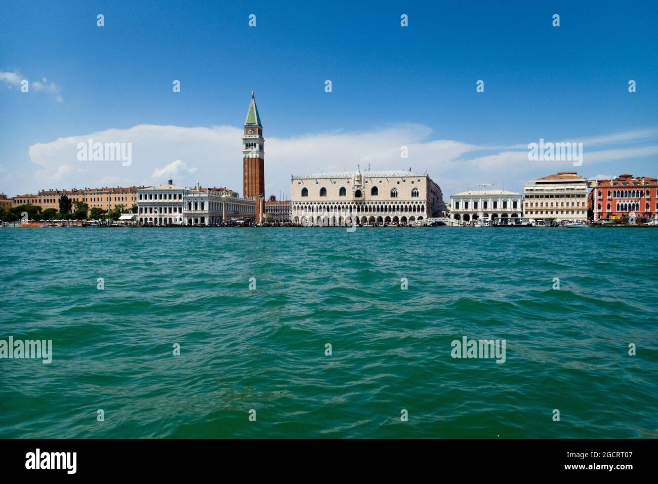 Venice: view of San Marco square and bell tower from Giudecca's canal sailing on a boat Stock Photo