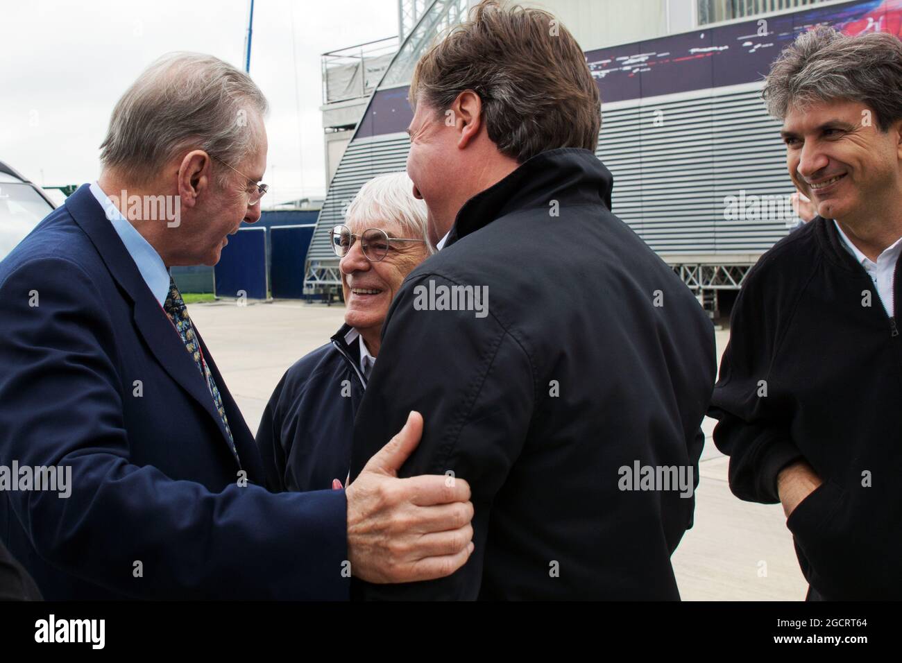 Jacques Rogge (FRA) IOC President with Bernie Ecclestone (GBR) CEO Formula One Group (FOM). British Grand Prix, Sunday 8th July 2012. Silverstone, England. Stock Photo