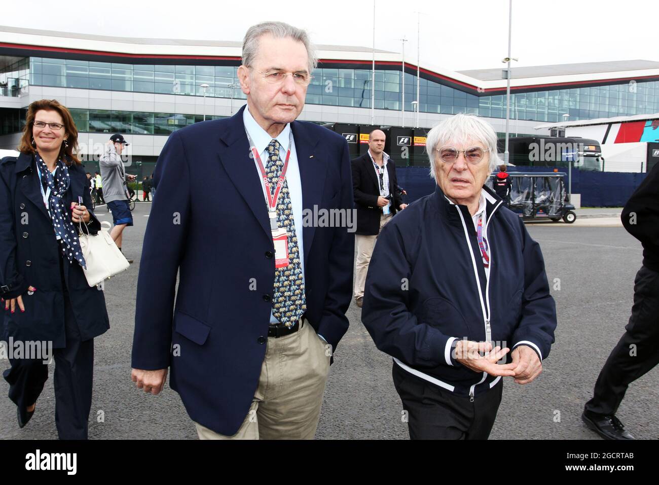 (L to R): Jacques Rogge (BEL) IOC President with Bernie Ecclestone (GBR) CEO Formula One Group (FOM). British Grand Prix, Sunday 8th July 2012. Silverstone, England. Stock Photo