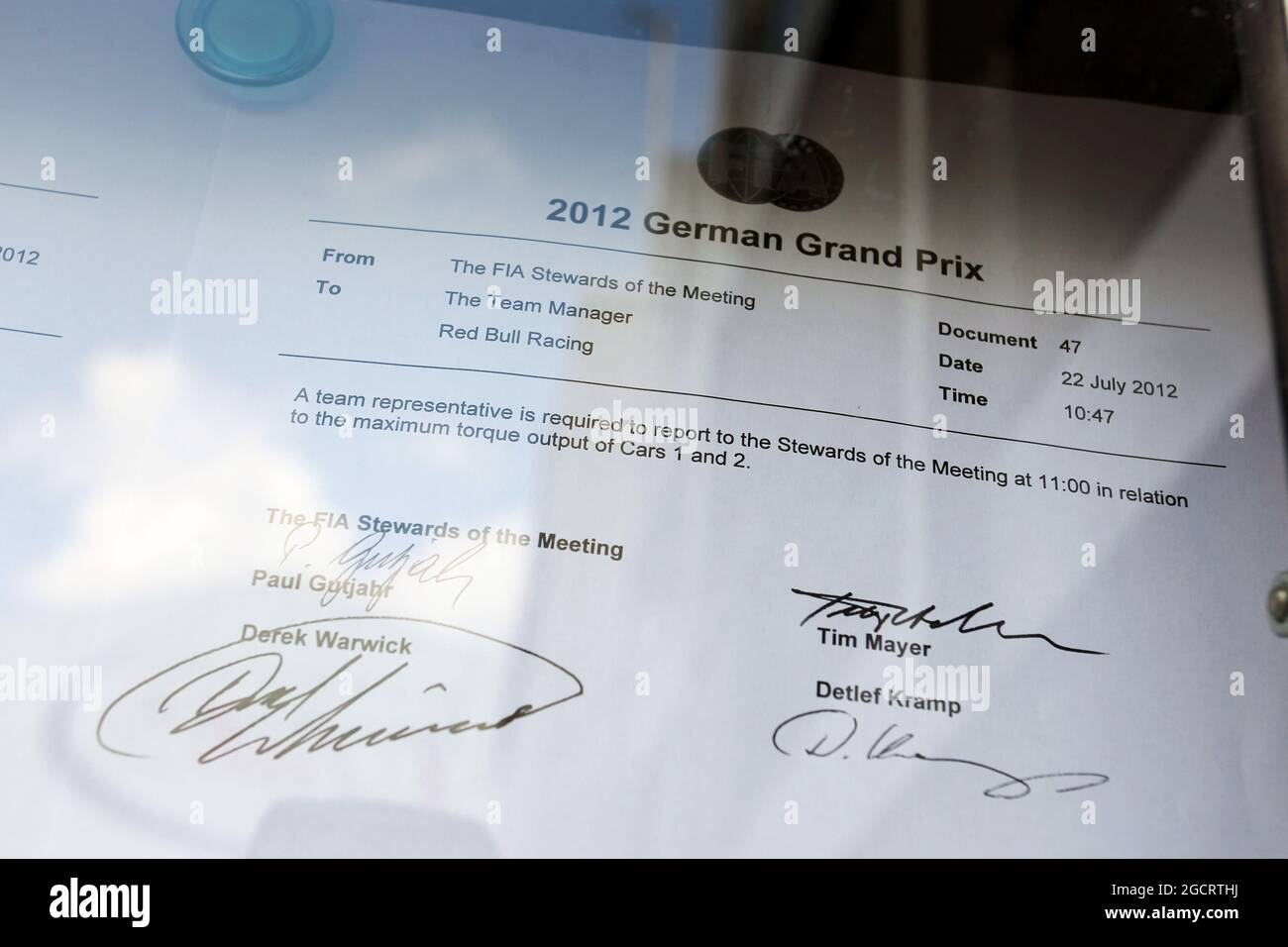 An FIA Memo requesting a meeting with Red Bull Racing representative in relation to the maximum torque output of the cars. German Grand Prix, Sunday 22nd July 2012. Hockenheim, Germany. Stock Photo
