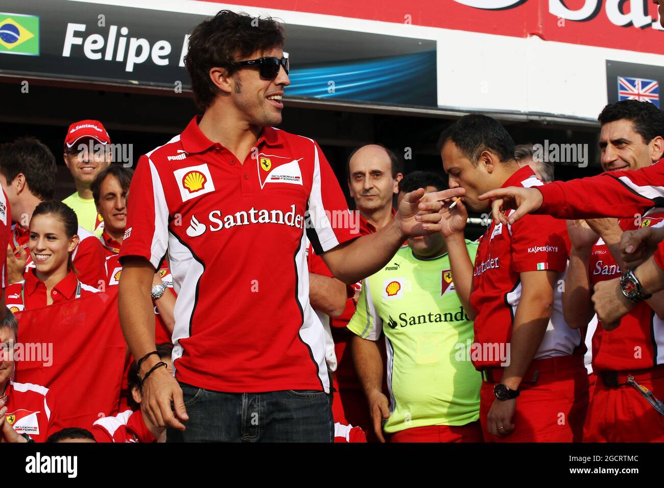 Race winner Fernando Alonso (ESP) Ferrari celebrates with the team. German Grand Prix, Sunday 22nd July 2012. Hockenheim, Germany. Stock Photo
