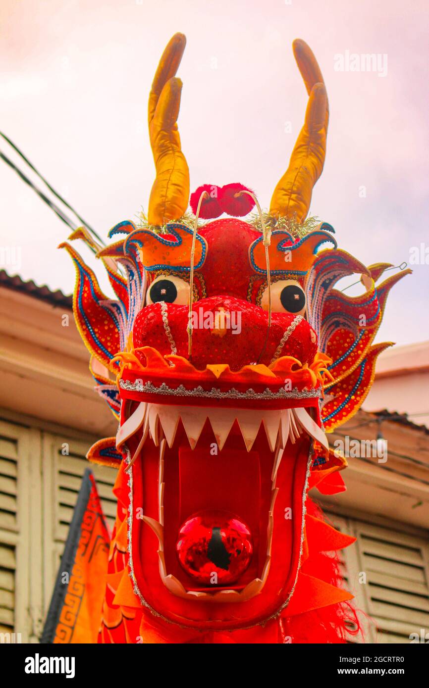 Chinese traditional dragon head sculpture used as a decoration in Georgetown, Malaysia Stock Photo