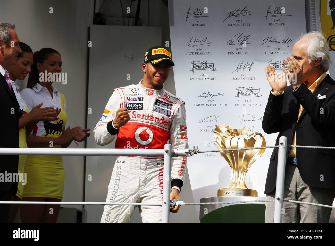 Race winner Lewis Hamilton (GBR) McLaren celebrates on the podium. Hungarian Grand Prix, Sunday 29th July 2012. Budapest, Hungary. Stock Photo