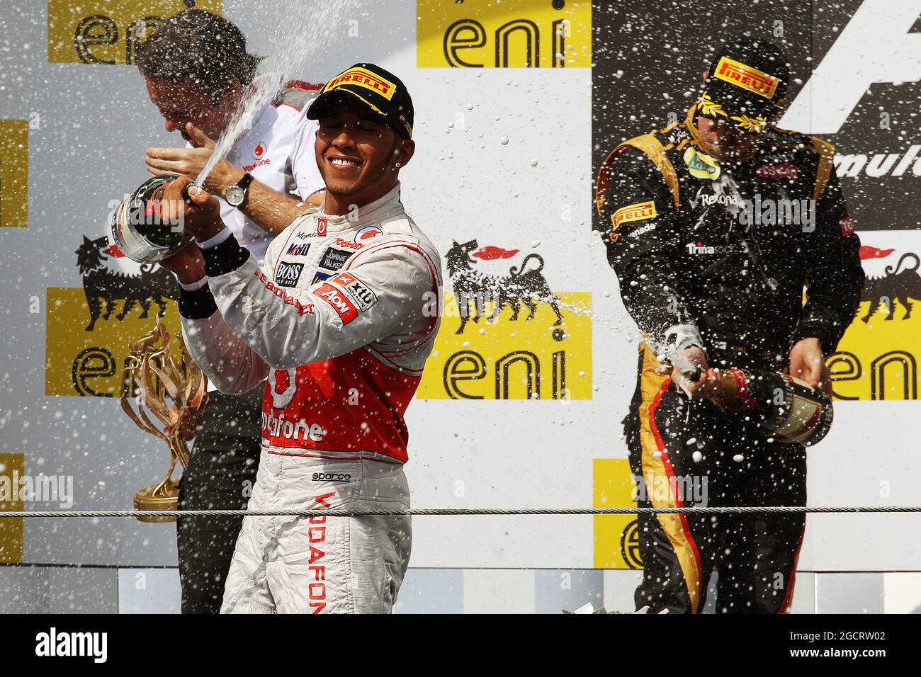 Race winner Lewis Hamilton (GBR) McLaren celebrates on the podium. Hungarian Grand Prix, Sunday 29th July 2012. Budapest, Hungary. Stock Photo