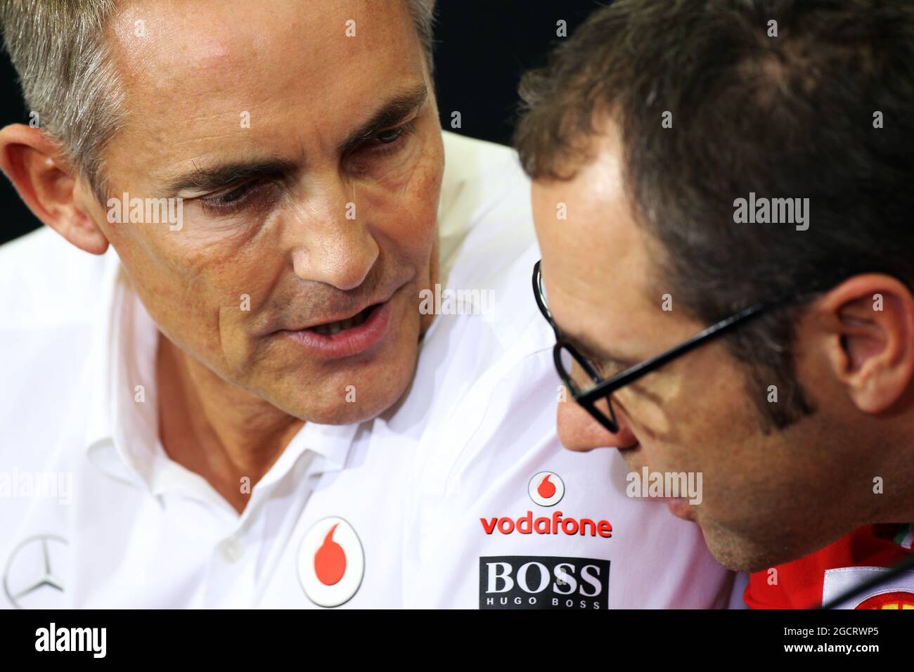 (L to R): Martin Whitmarsh (GBR) McLaren Chief Executive Officer and Stefano Domenicali (ITA) Ferrari General Director in the FIA Press Conference. Japanese Grand Prix, Friday 5th October 2012. Suzuka, Japan. Stock Photo