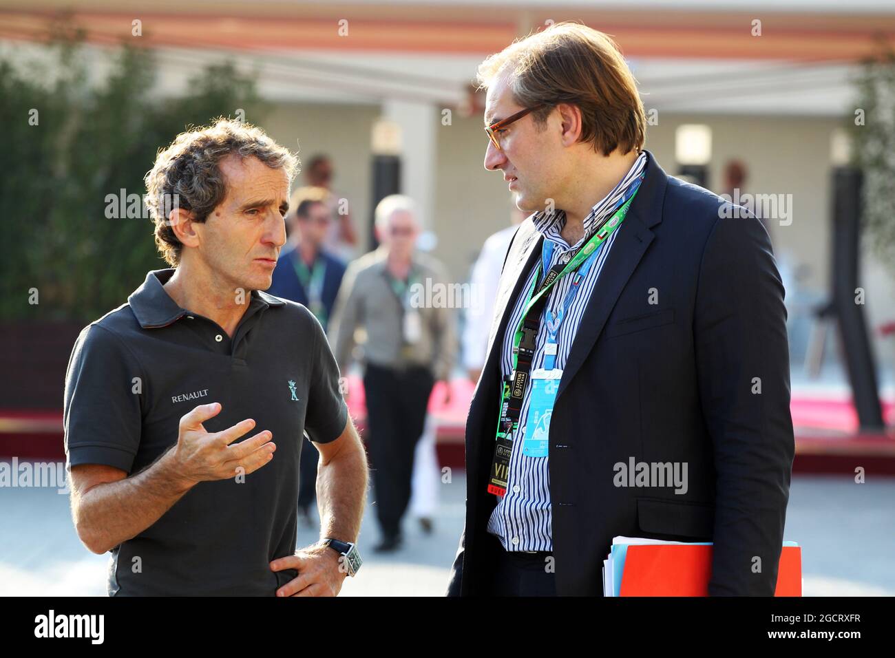 Alain Prost (FRA) (Left) with Arnaud Pericard (FRA) Lawyer in charge planned French GP. Abu Dhabi Grand Prix, Saturday 3rd November 2012. Yas Marina Circuit, Abu Dhabi, UAE. Stock Photo