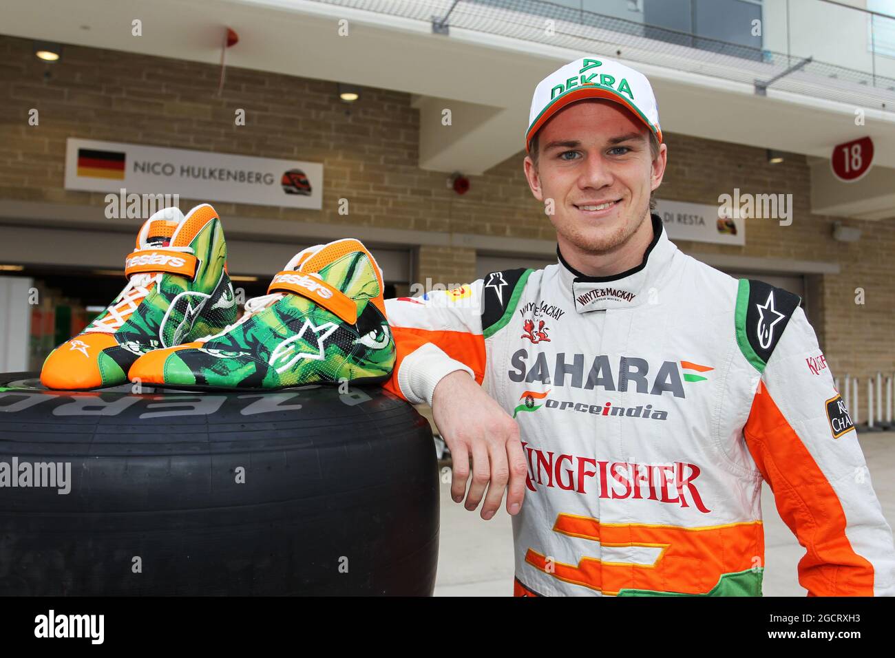 Nico Hulkenberg GER Sahara Force India F1 with his Alpinestars boots designed by a competition winner. United States Grand Prix Thursday 15th November 2012. Circuit of the Americas Austin Texas USA St...