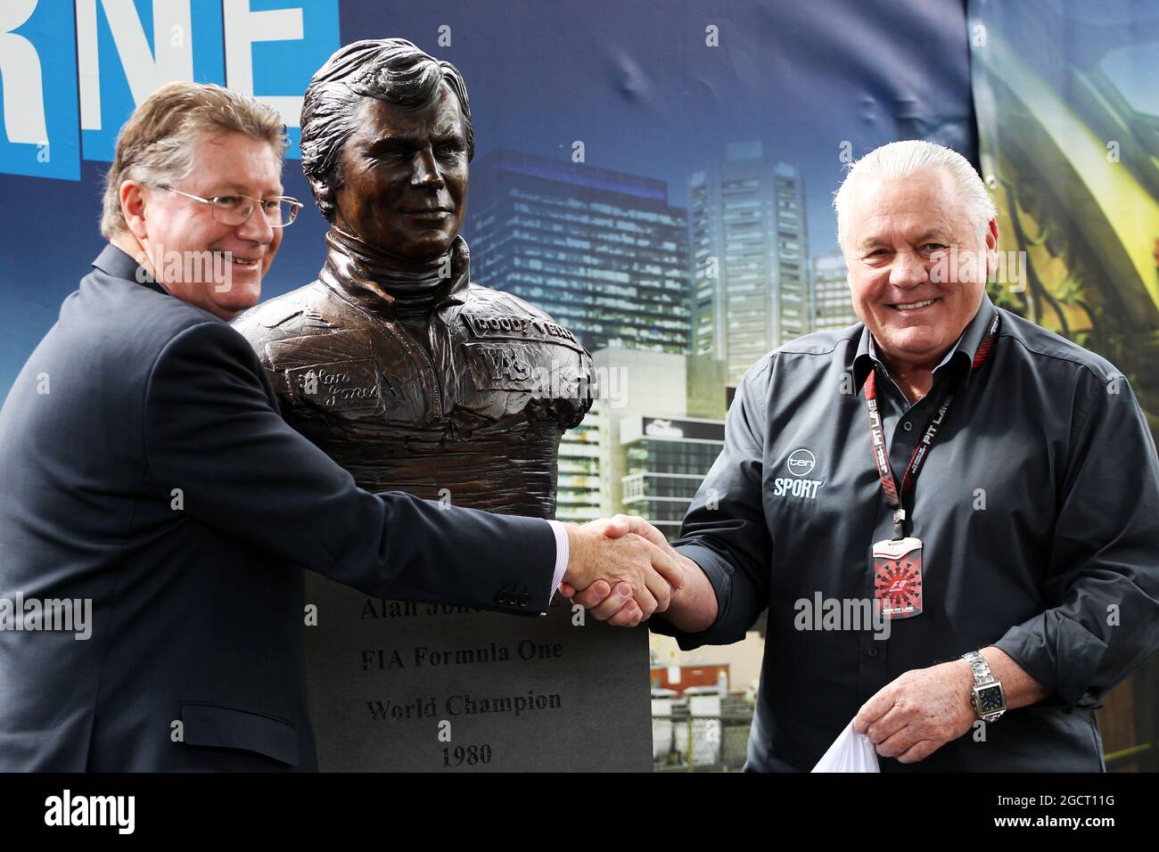 F1 World Champion Alan Jones (AUS) and a statue unveiled in his honour ...