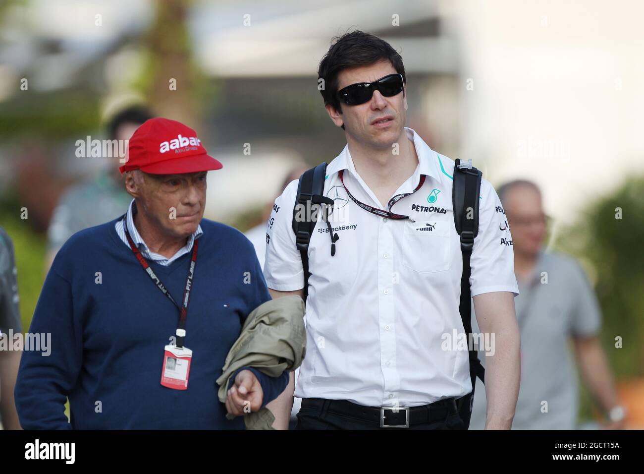 L to R): Niki Lauda (AUT) Mercedes Non-Executive Chairman with Toto Wolff  (GER) Mercedes AMG F1 Shareholder and Executive Director. Malaysian Grand  Prix, Friday 22nd March 2013. Sepang, Kuala Lumpur, Malaysia Stock