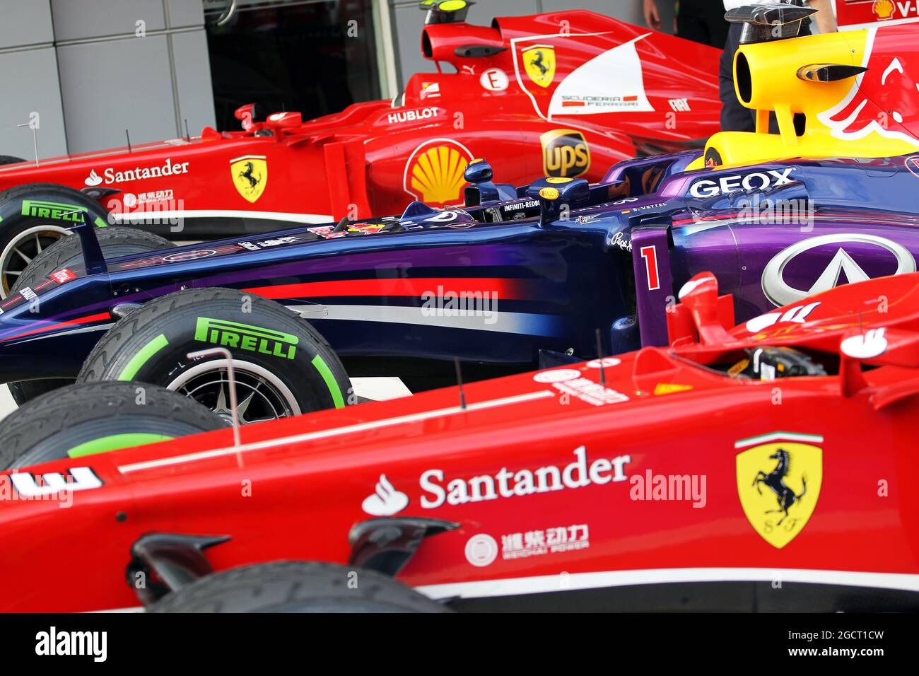 The top three cars in qualifying (Top to bottom): Felipe Massa (BRA) Ferrari F138; Sebastian Vettel (GER) Red Bull Racing RB9; Fernando Alonso (ESP) Ferrari F138. Malaysian Grand Prix, Saturday 23rd March 2013. Sepang, Kuala Lumpur, Malaysia. Stock Photo