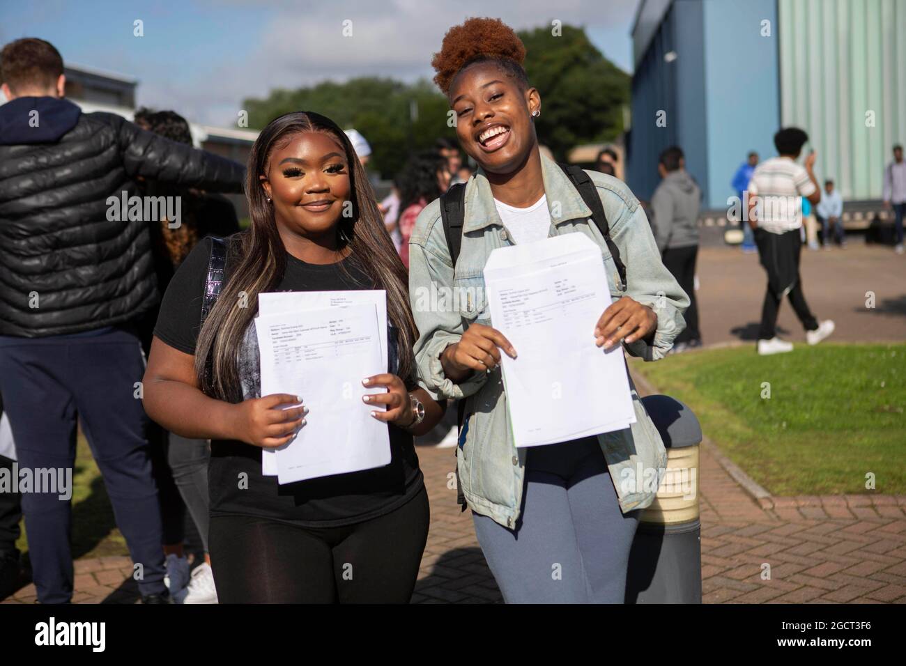 Students Nana Arthur (left) and Kerena Arthur (right, unrelated) celebrate at Brampton Manor
