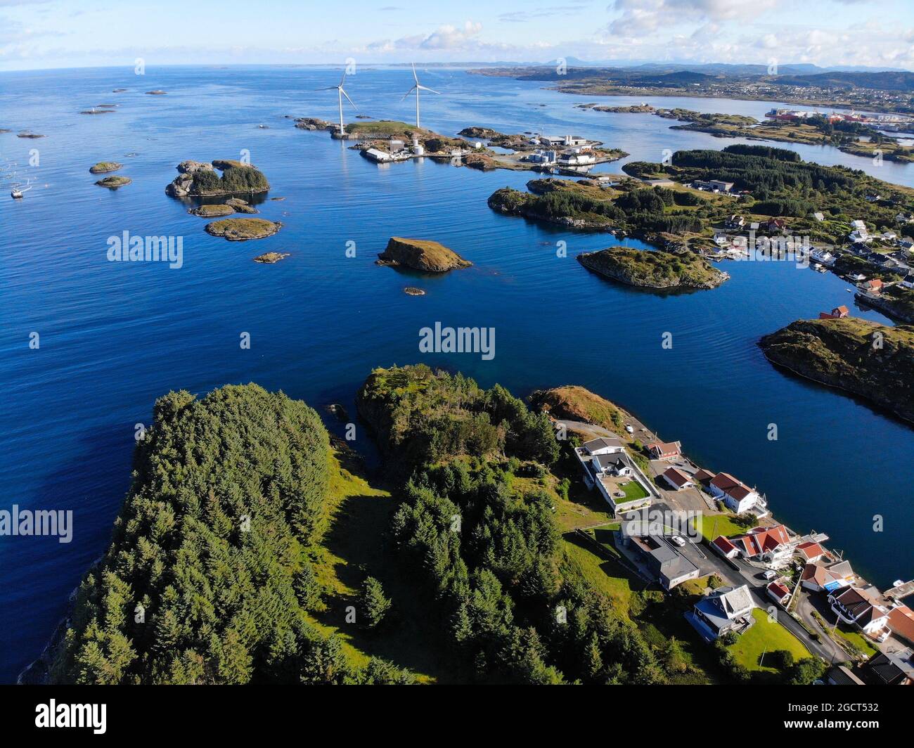 Norway islands drone view. Rogaland county island landscape with near Haugesund. Wind turbines. Stock Photo