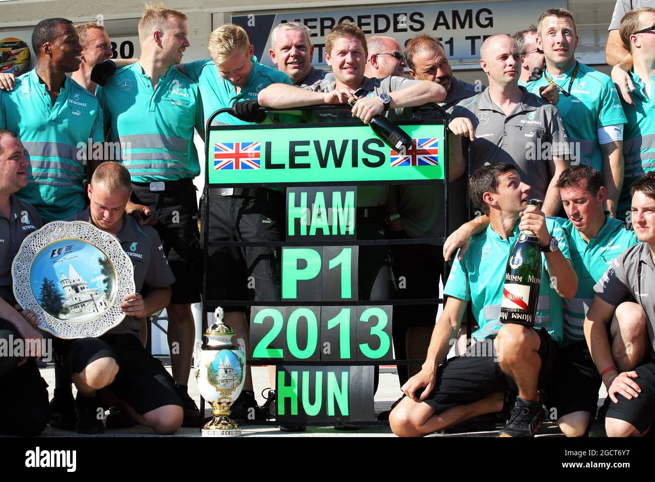 Mercedes AMG F1 celebrate race victory for Lewis Hamilton (GBR) Mercedes AMG F1. Hungarian Grand Prix, Sunday 28th July 2013. Budapest, Hungary. Stock Photo