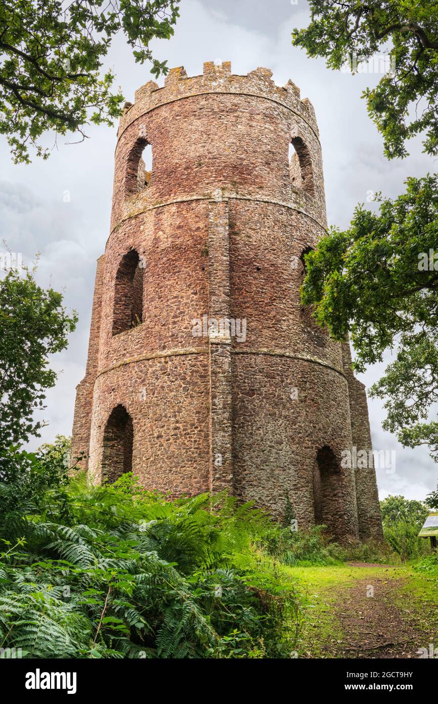 At the top of Conygar Hill near Dunster lies an 18th Century folly called the 'Conygar Tower'. It was built as an enhancement to the landscape in Cony Stock Photo