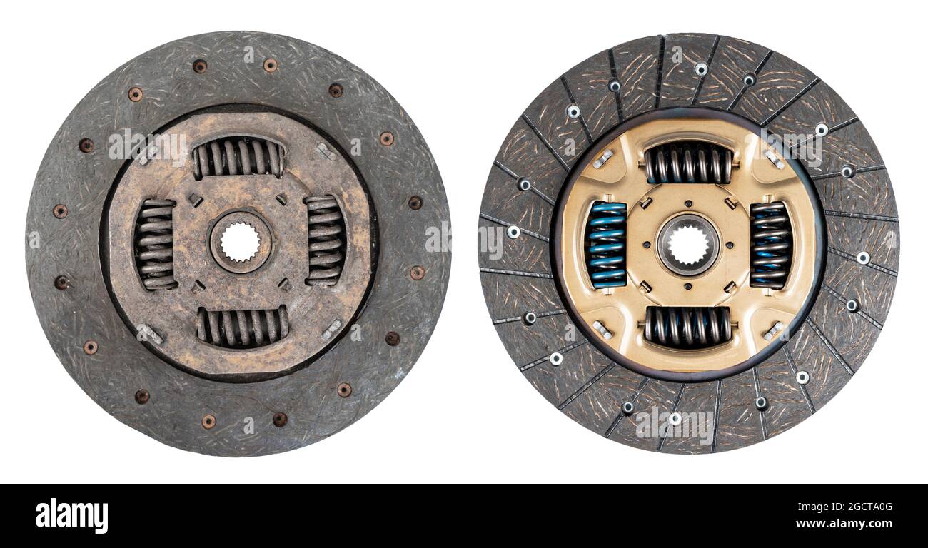 Used and new car repair kit clutch manual gearbox isolated on a white