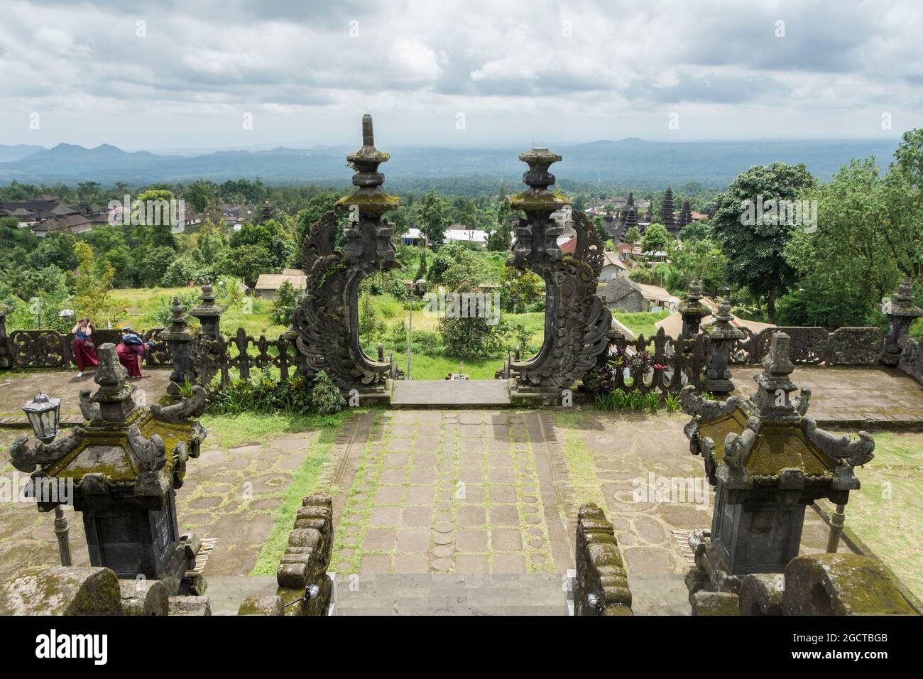 View over the green valley from the top of the holy Besakih temple. Bali, Indonesia. Stock Photo