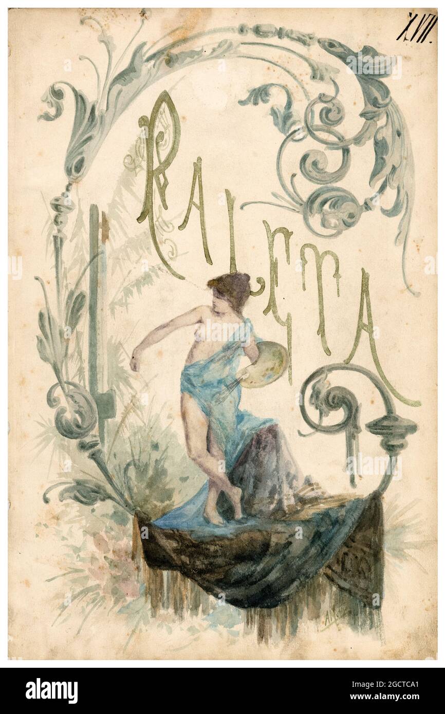 Alphonse Mucha, Design for the cover page of the Paleta magazine, watercolour painting, 1886 Stock Photo