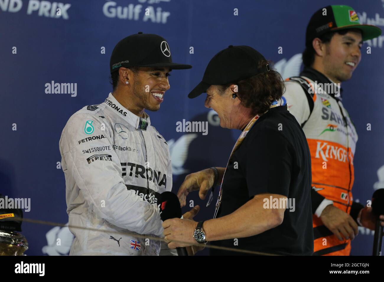 Race winner Lewis Hamilton (GBR) Mercedes AMG F1 on the podium with ...