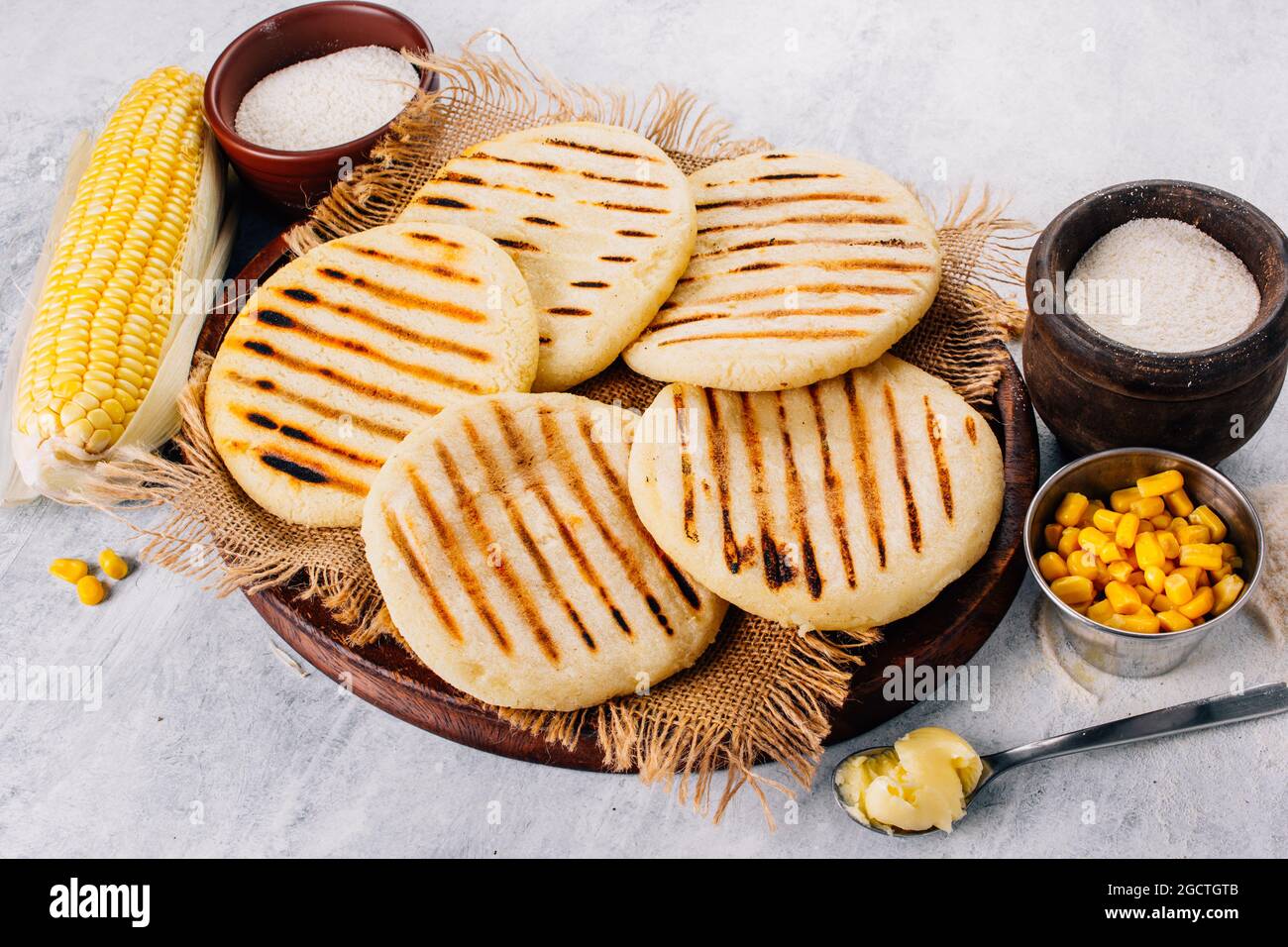 Arepazo Top view of arepas, breakfast in Colombia and Venezuela, made with corn ...