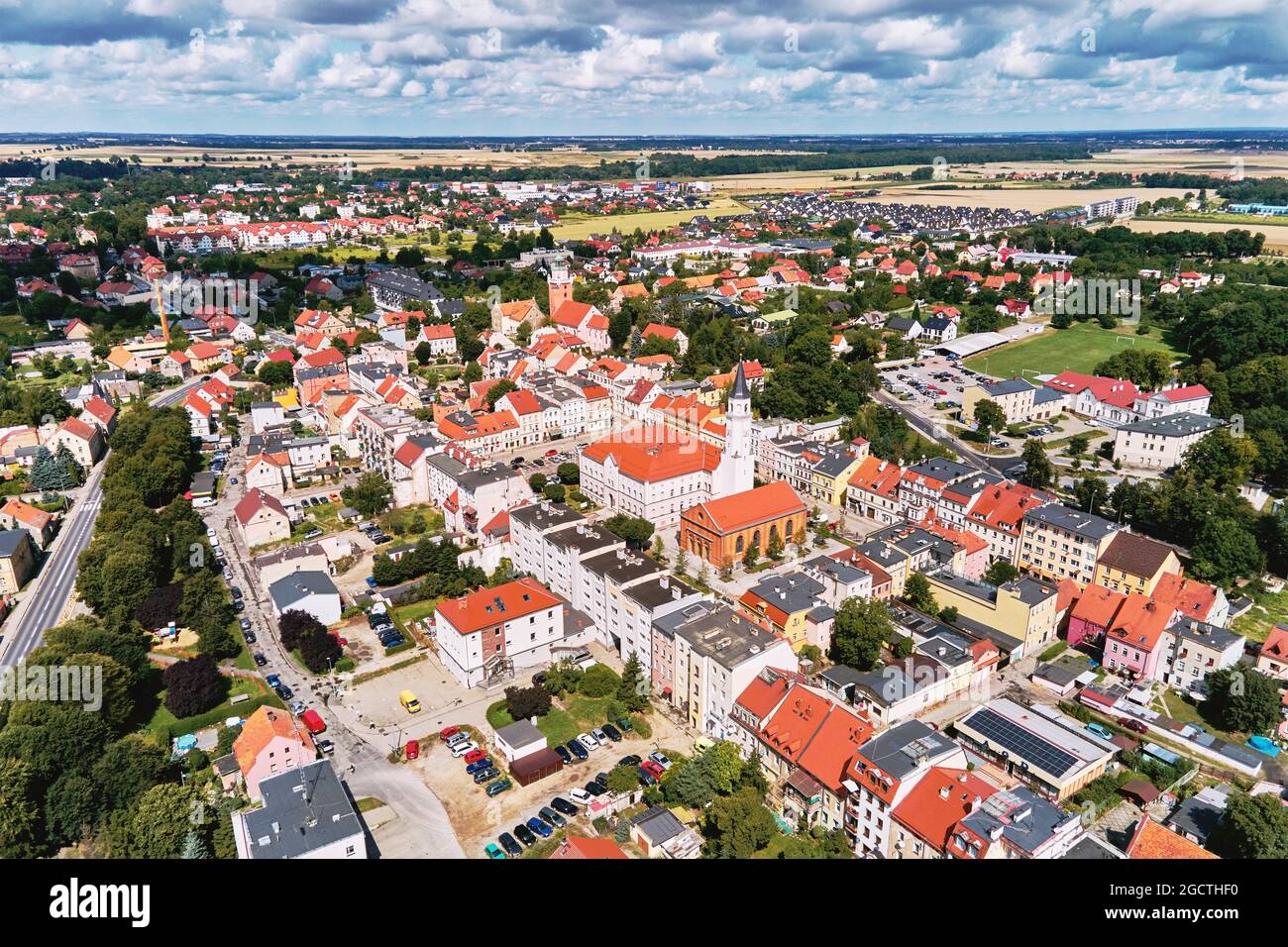 Aerial view of small european city with city streets and residential buildings. Katy Wroclawskie panoramic cityscape Stock Photo