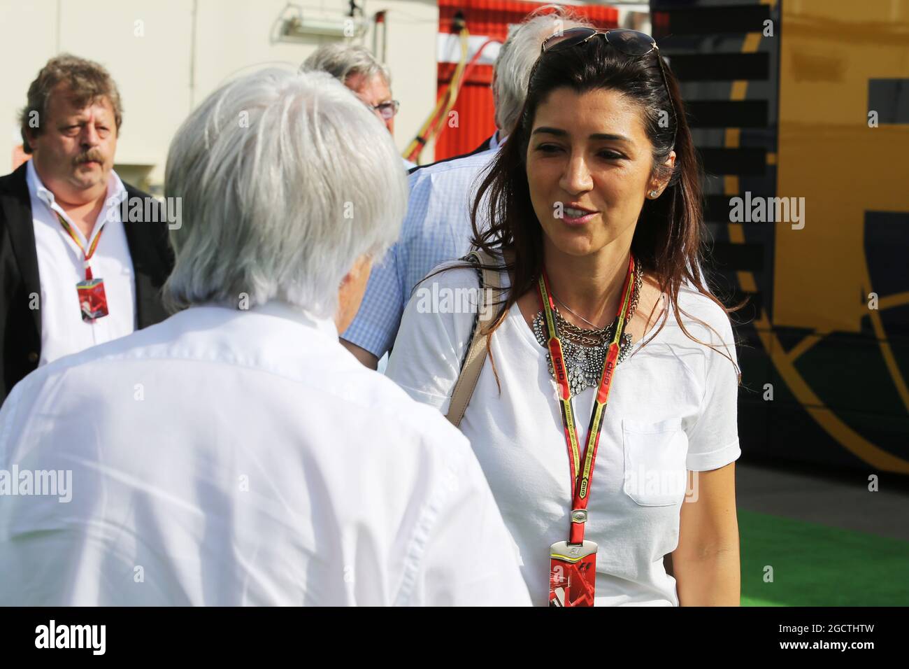 Bernie Ecclestone (GBR) with wife Fabiana Flosi (BRA). Spanish Grand Prix, Saturday 10th May 2014. Barcelona, Spain. Stock Photo