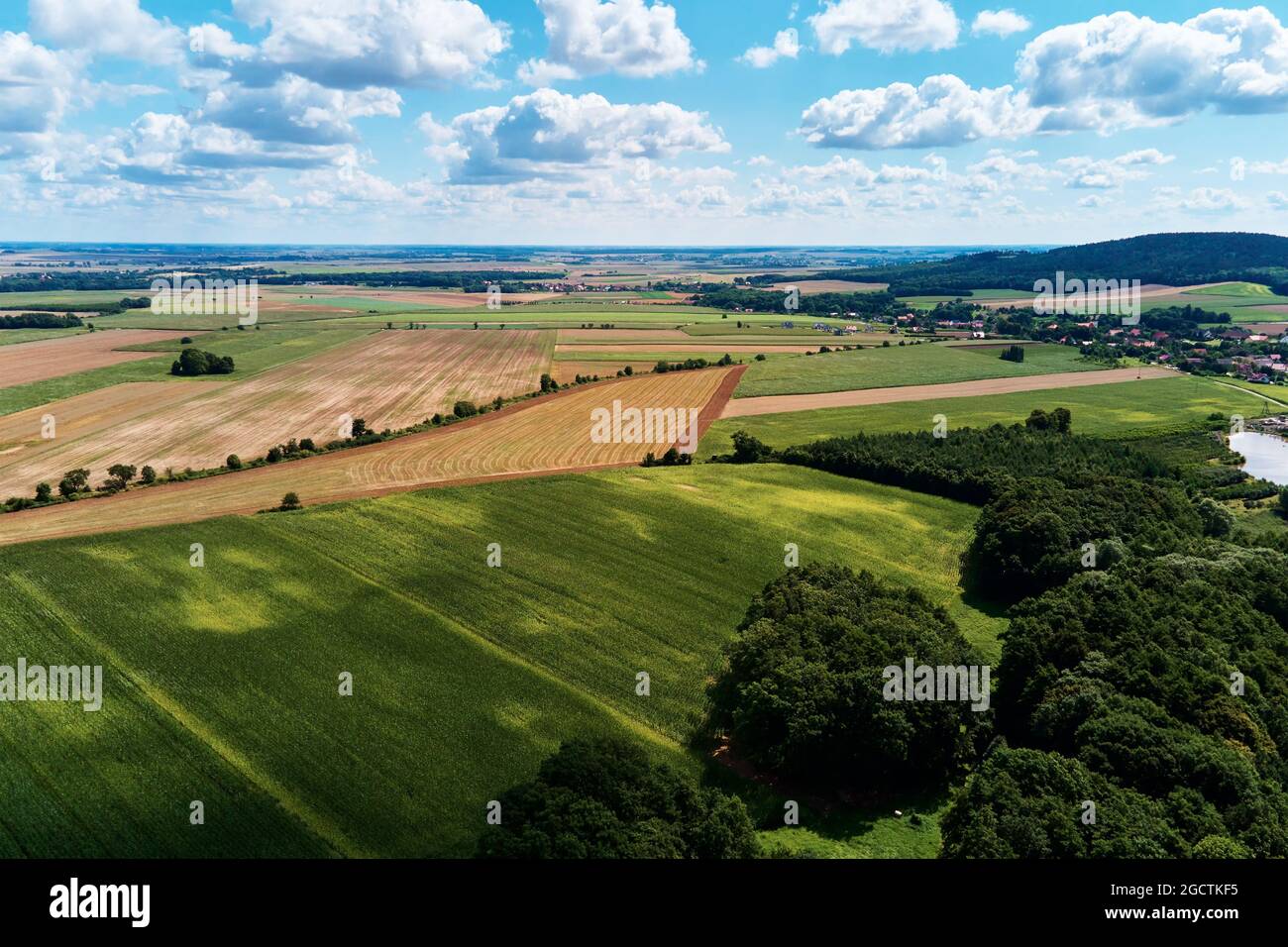 Aerial view of agricultural and green fields in countryside. Nature ...