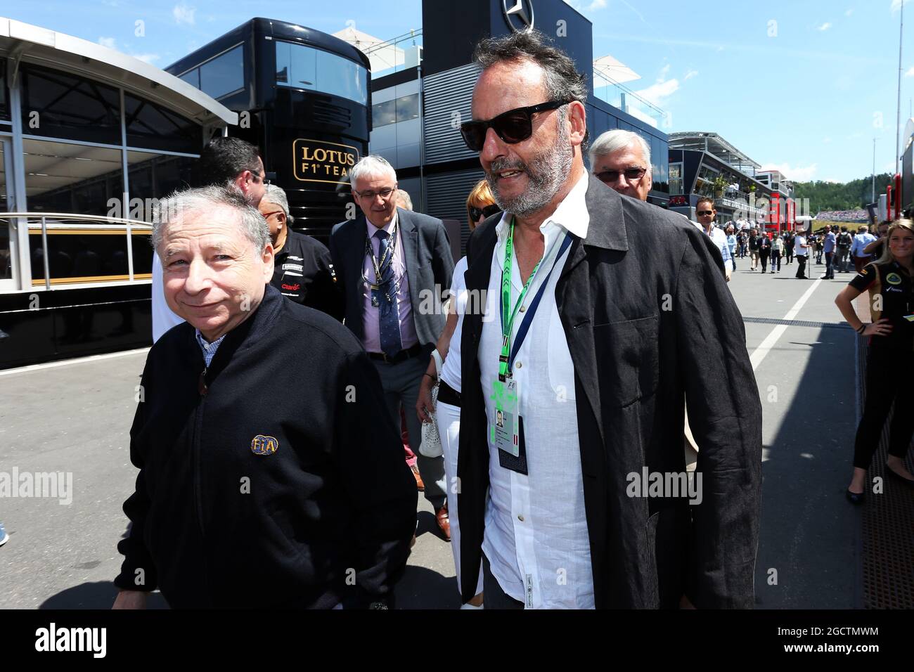 (L to R): Jean Todt (FRA) FIA President with Jean Reno (FRA) Actor. Austrian Grand Prix, Sunday 22nd June 2014. Spielberg, Austria. Stock Photo
