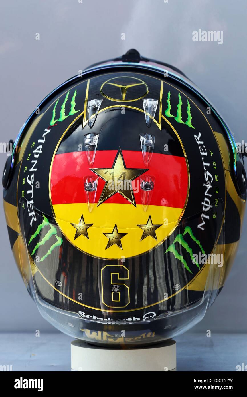 The helmet of Nico Rosberg (GER) Mercedes AMG F1 celebrating Germany's 2014 FIFA World Cup success. German Grand Prix, Thursday 17th July 2014. Hockenheim, Germany. Stock Photo