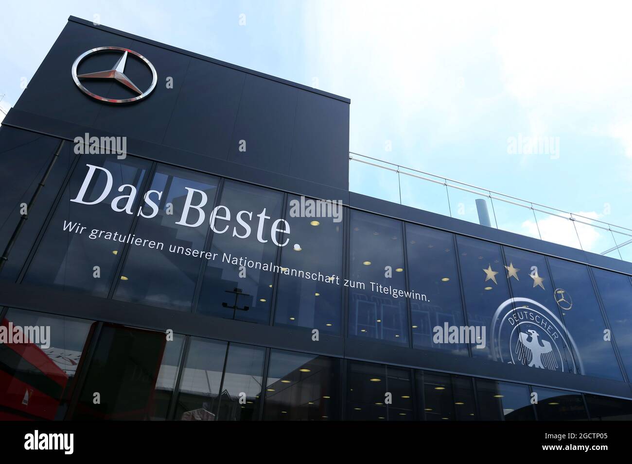 The Mercedes AMG F1 motorhome celebrates Germany's 2014 FIFA World Cup success. German Grand Prix, Thursday 17th July 2014. Hockenheim, Germany. Stock Photo