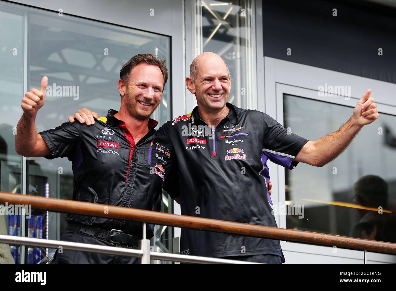 (L to R): Christian Horner (GBR) Red Bull Racing Team Principal and Adrian Newey (GBR) Red Bull Racing Chief Technical Officer take part in the ALS ice bucket challenge. Belgian Grand Prix, Saturday 23rd August 2014. Spa-Francorchamps, Belgium. Stock Photo