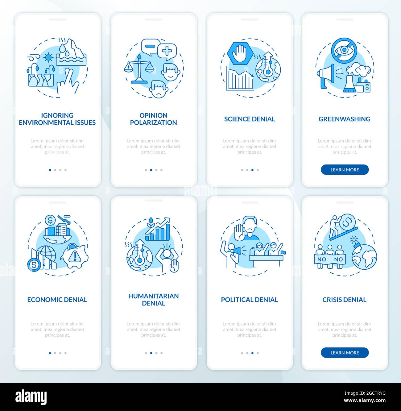 Climate change denial onboarding mobile app page screen set Stock Vector