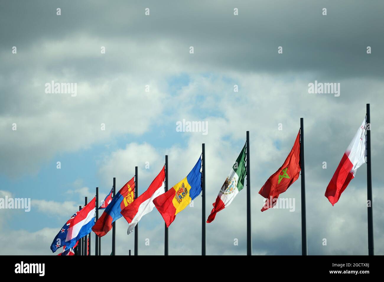 Flags of many nations. Russian Grand Prix, Thursday 9th October 2014. Sochi Autodrom, Sochi, Russia. Stock Photo