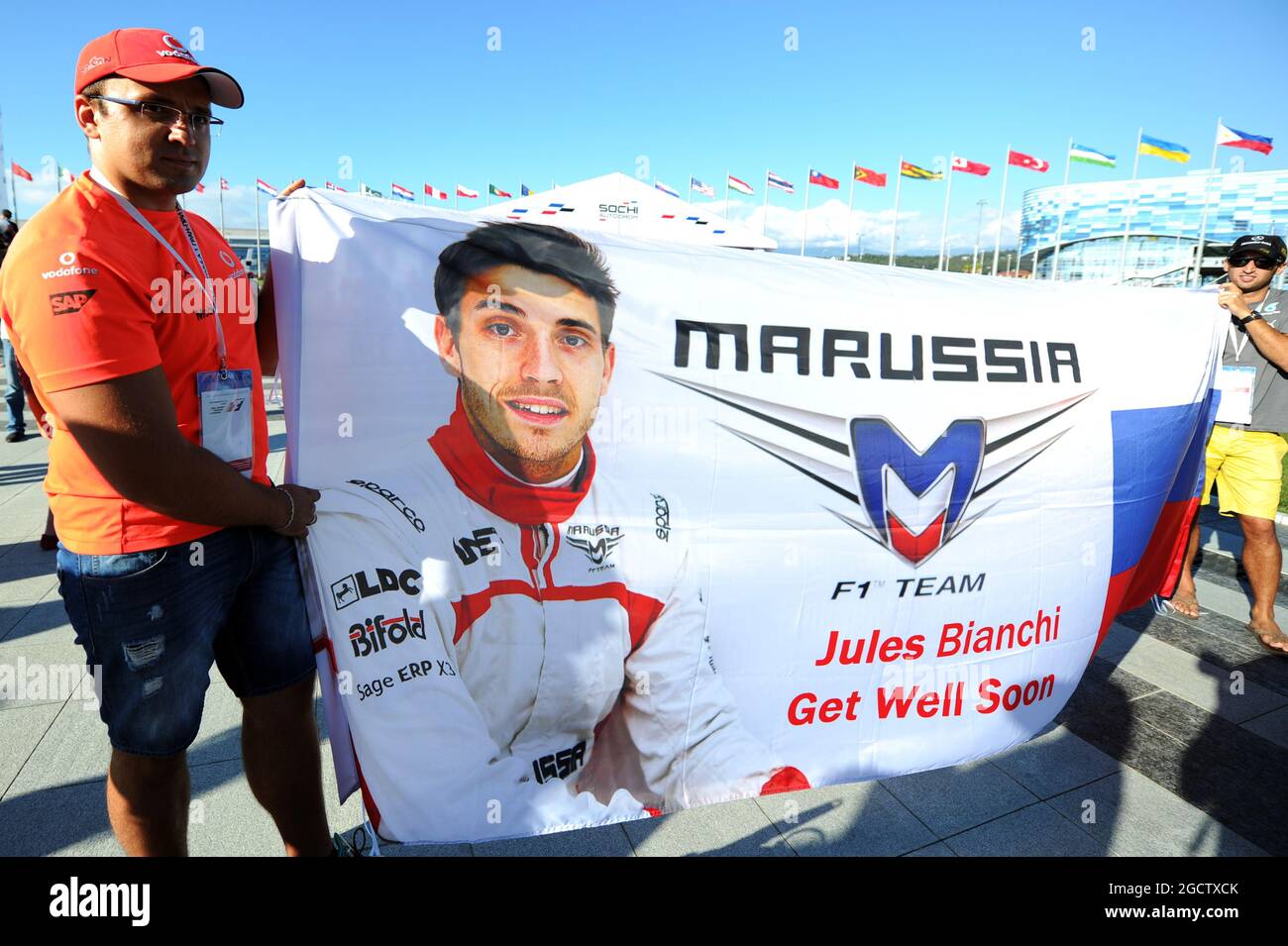 A Get Well Soon banner for Jules Bianchi (FRA) Marussia F1 Team. Russian Grand Prix, Thursday 9th October 2014. Sochi Autodrom, Sochi, Russia. Stock Photo