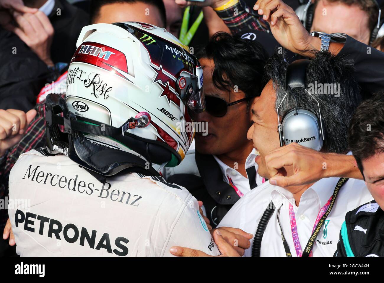 Race winner Lewis Hamilton (GBR) Mercedes AMG F1 celebrates in parc ...