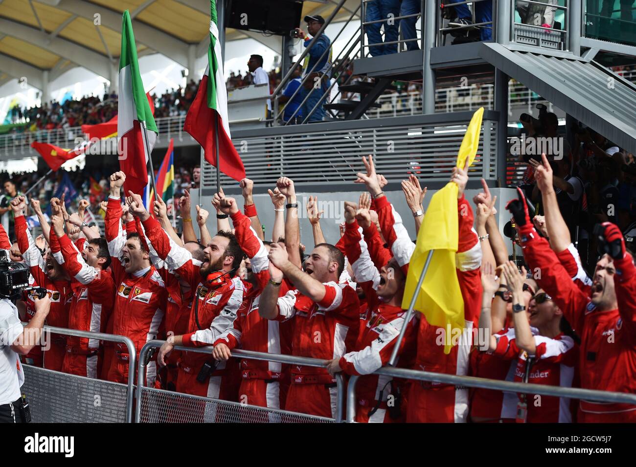 Ferrari celebrates victory at the podium. Malaysian Grand Prix, Sunday 29th March 2015. Sepang, Kuala Lumpur, Malaysia. Stock Photo